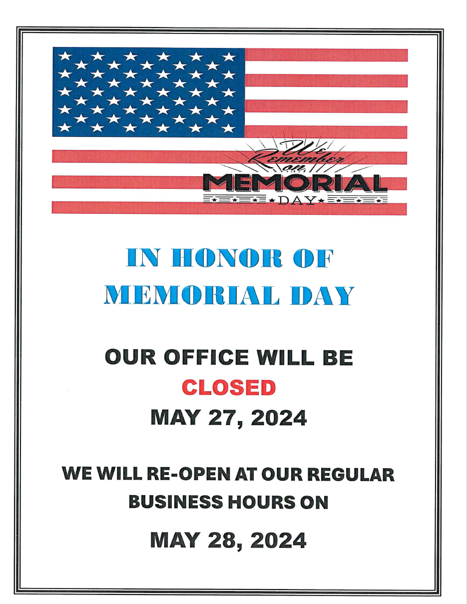 Office Closed on Memorial Day